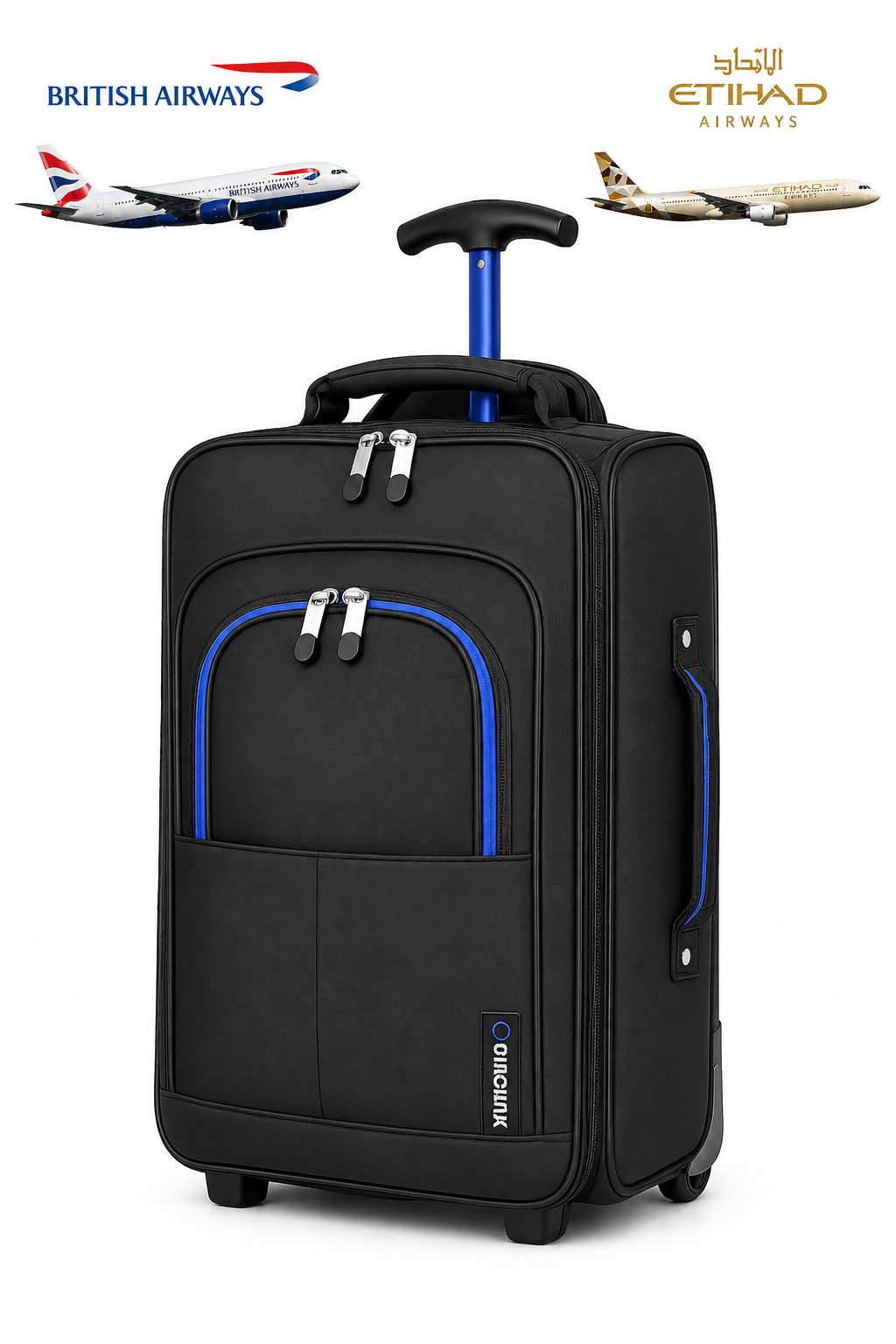 5 Cities Hand Luggage Cabin Bag 55x40x20cm 1.4Kg Black Blue Trim