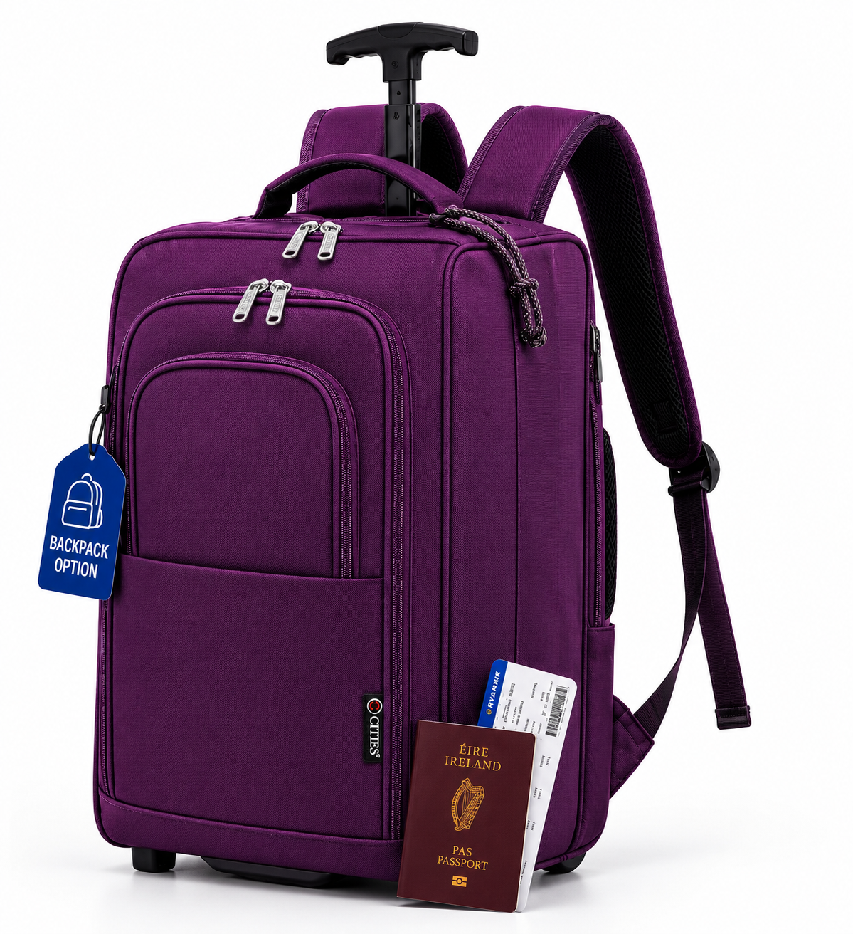 5 Cities 21"/55cm Backpack Trolley Bag Carry On Lightweight Travel Cabin Approved with Shoulder Straps Wheels Suit Case Hand Luggage with 2 Year Warranty, Black, 55 cm, Hand Luggage