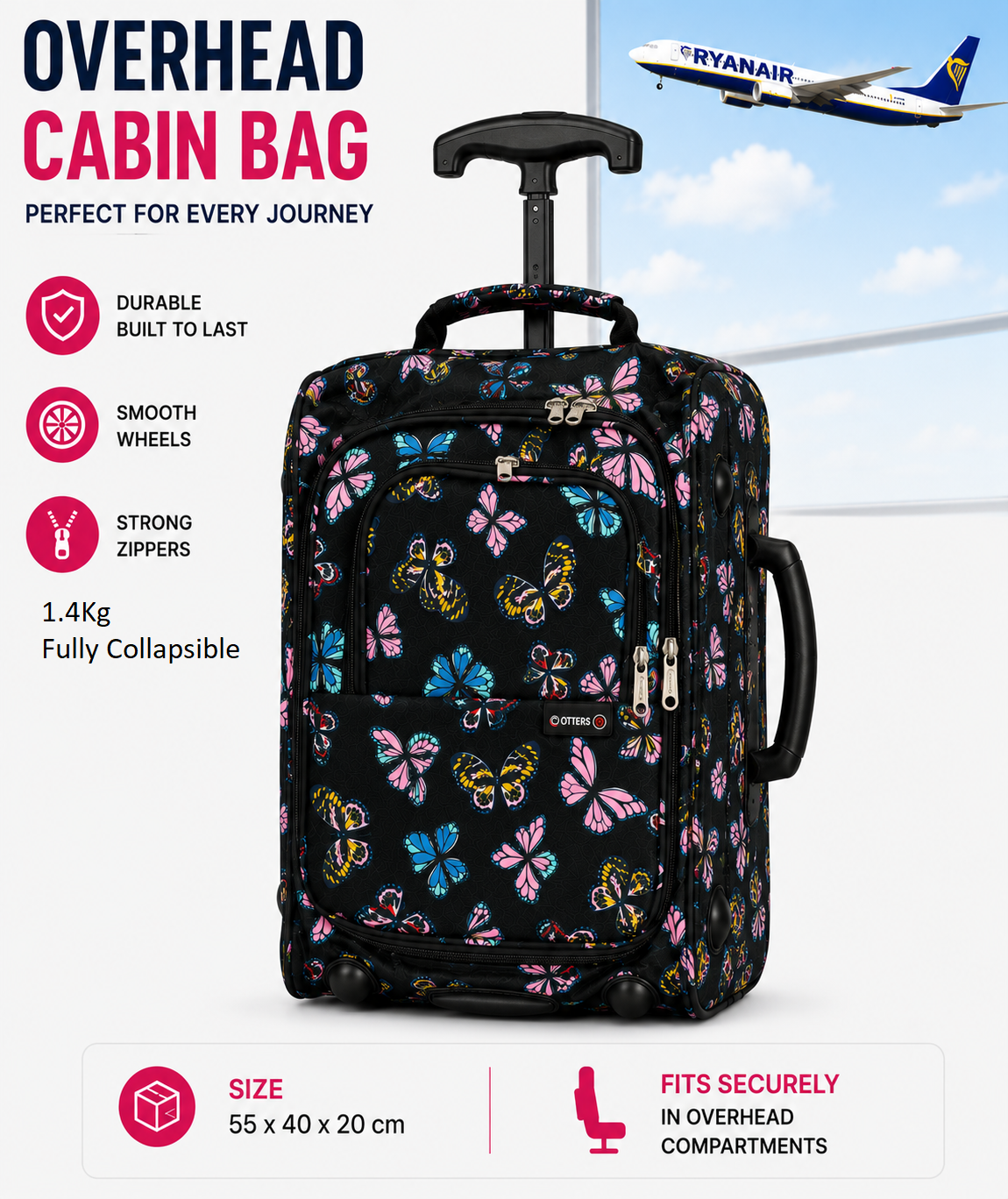 5 Cities Hand Luggage Cabin Bag (55x40x20cm) Butterfly Navy