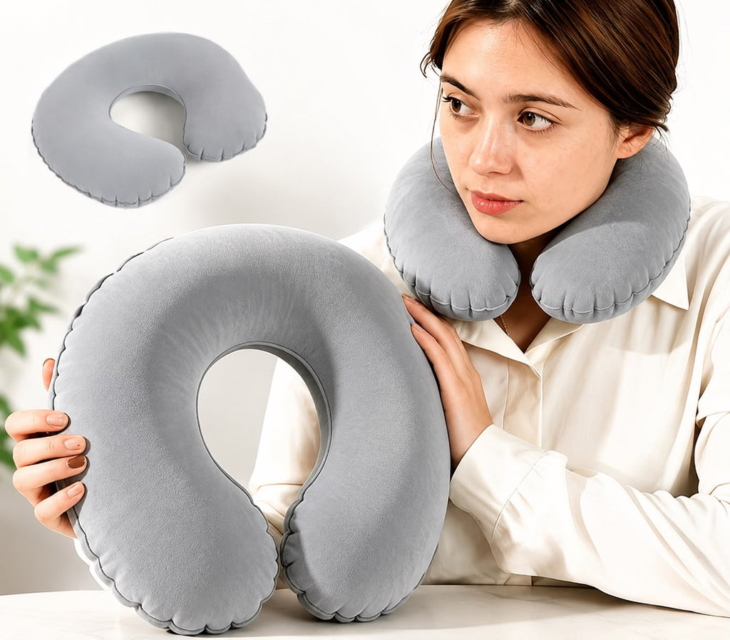Premium Inflatable Travel Neck Pillow – Soft Ergonomic Air Cushion (Grey)