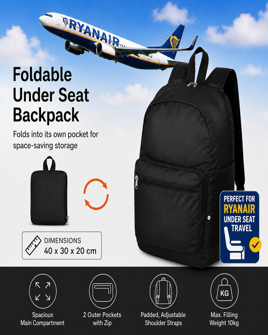 Under Seat Cabin BackPack Extra Strong Stowaway Foldable 40x30x20cm Black